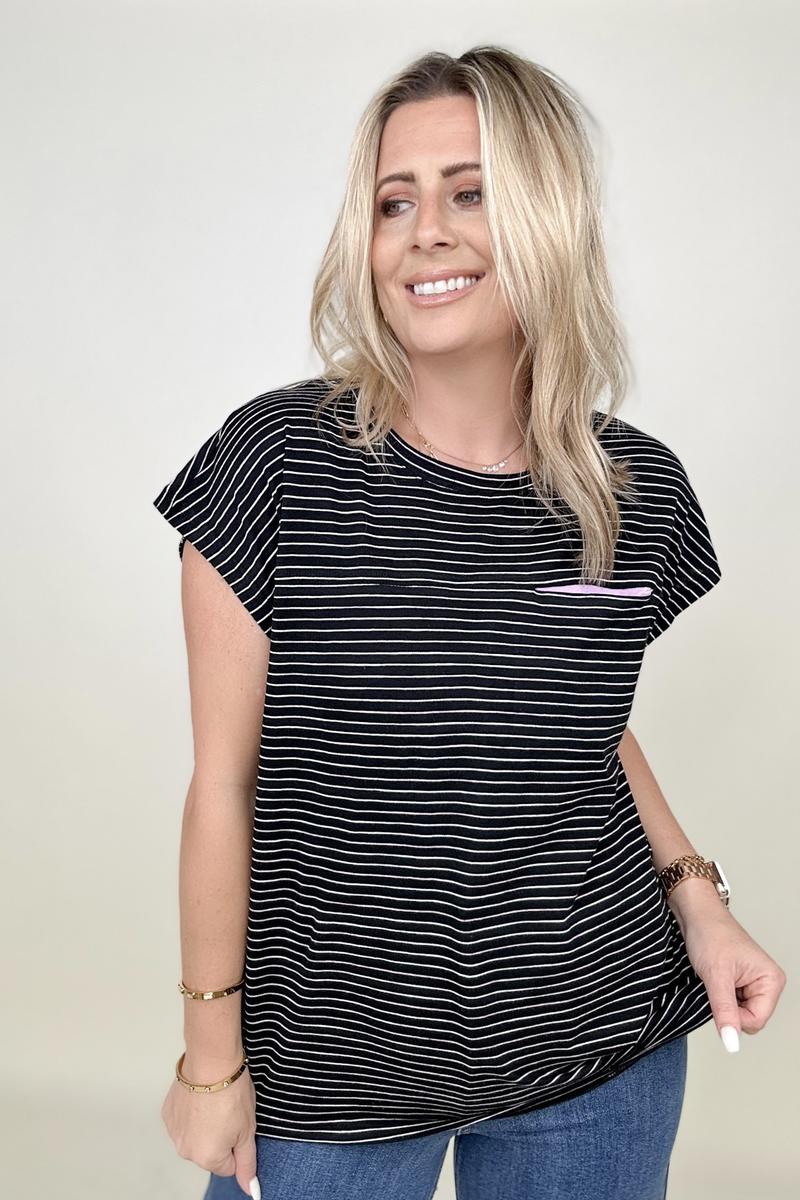 Cotton Bleu Striped Casual Top With Contrast Pocket